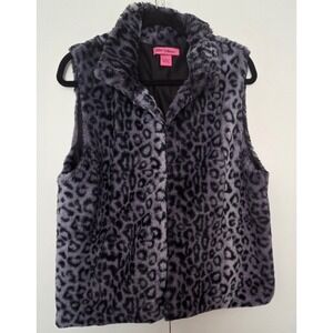 Betsey Johnson Black/Gray Faux  Fur Vest Leopard Print Size Large -EUC-